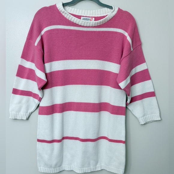 Vintage Pandora Tunic 3/4 Length Pink And White Striped Sweater Woman’s Medium - Picture 1 of 6